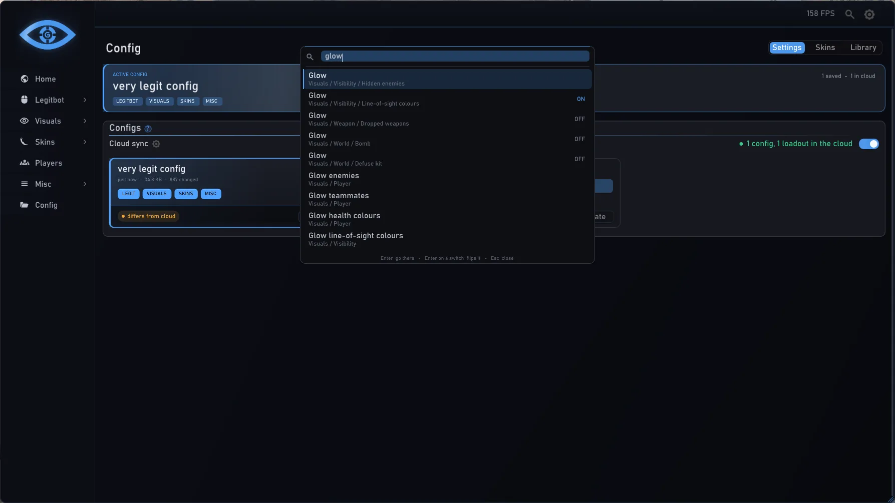 The GriefBot Ctrl+K command palette searching for glow over the Config tab
