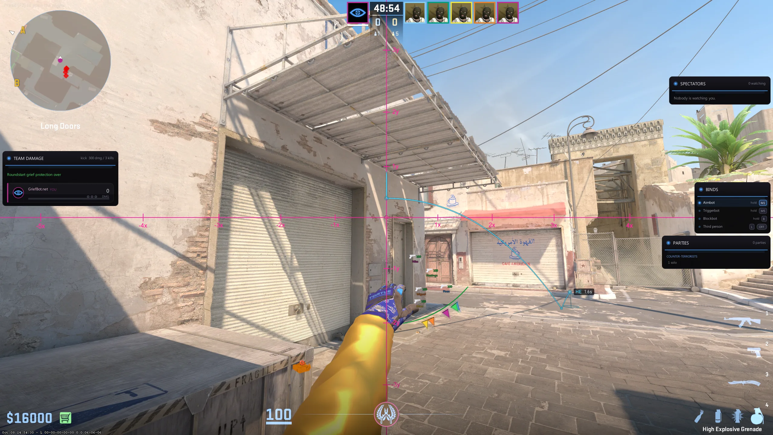 The predicted HE grenade arc and landing point while the pin is pulled