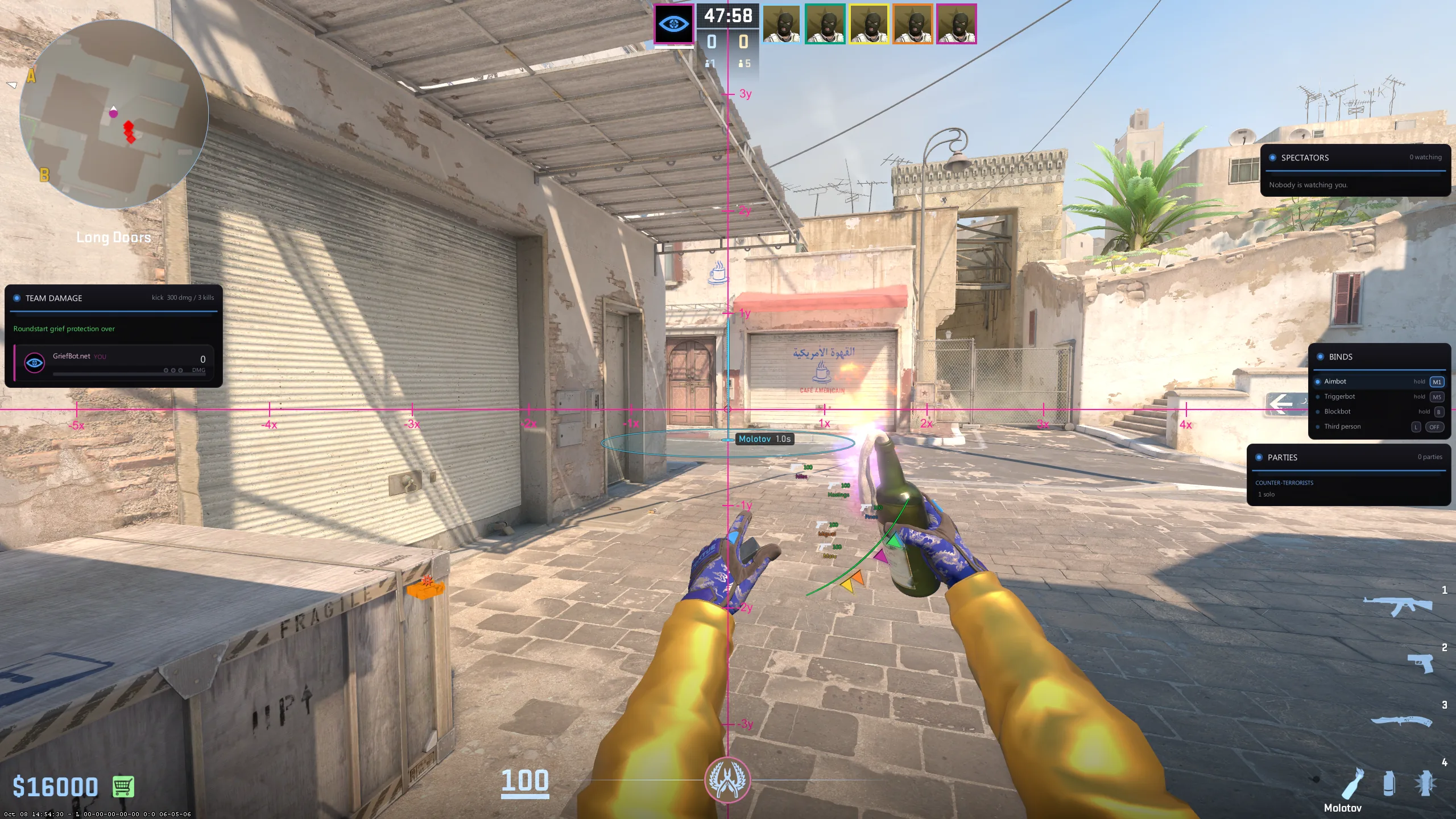 A molotov's landing spread drawn on the ground before the throw, with the throw aim grid