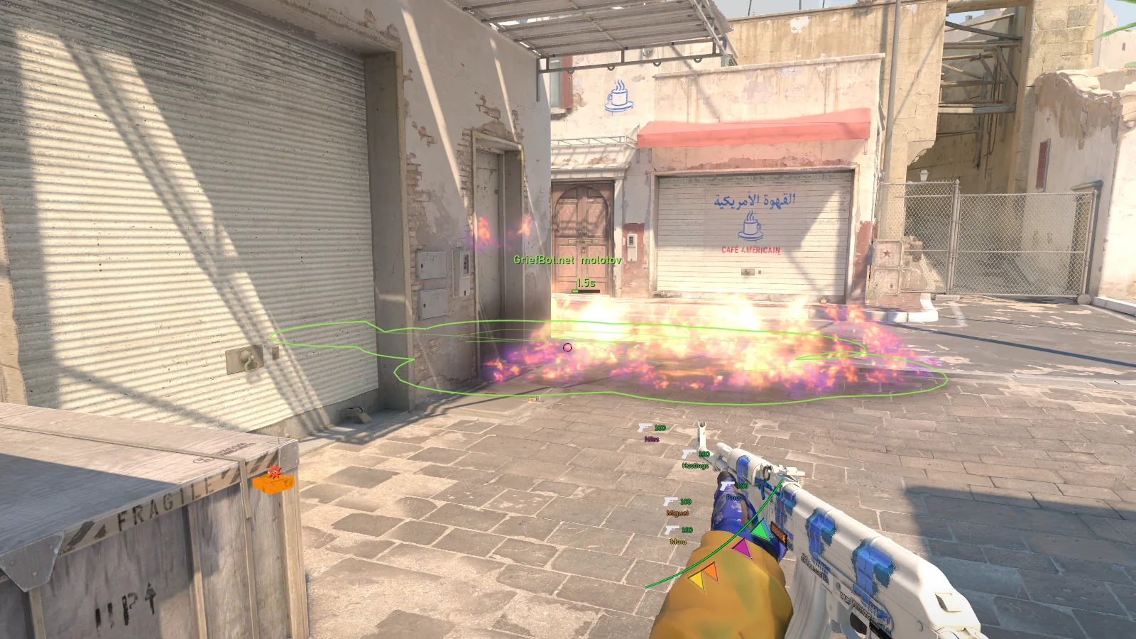 A burning molotov with its exact fire spread outlined and a countdown timer