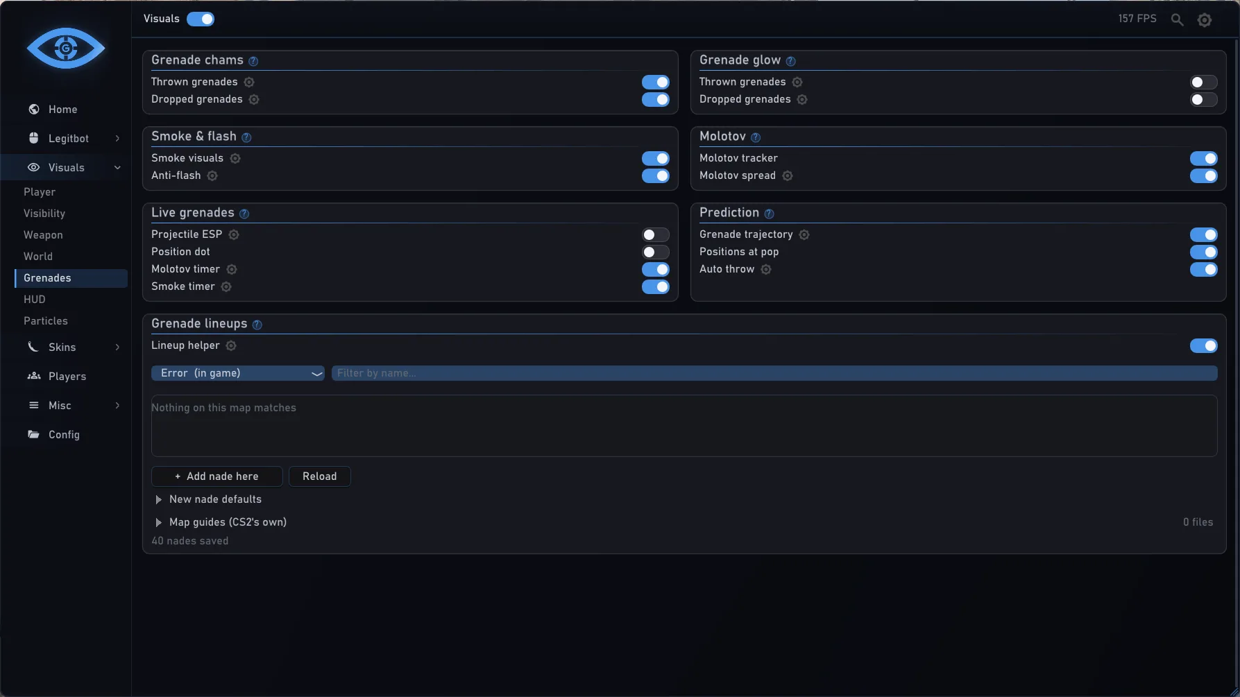 Visuals › Grenades: grenade chams and glow, smoke and flash, live grenade timers, prediction and lineups