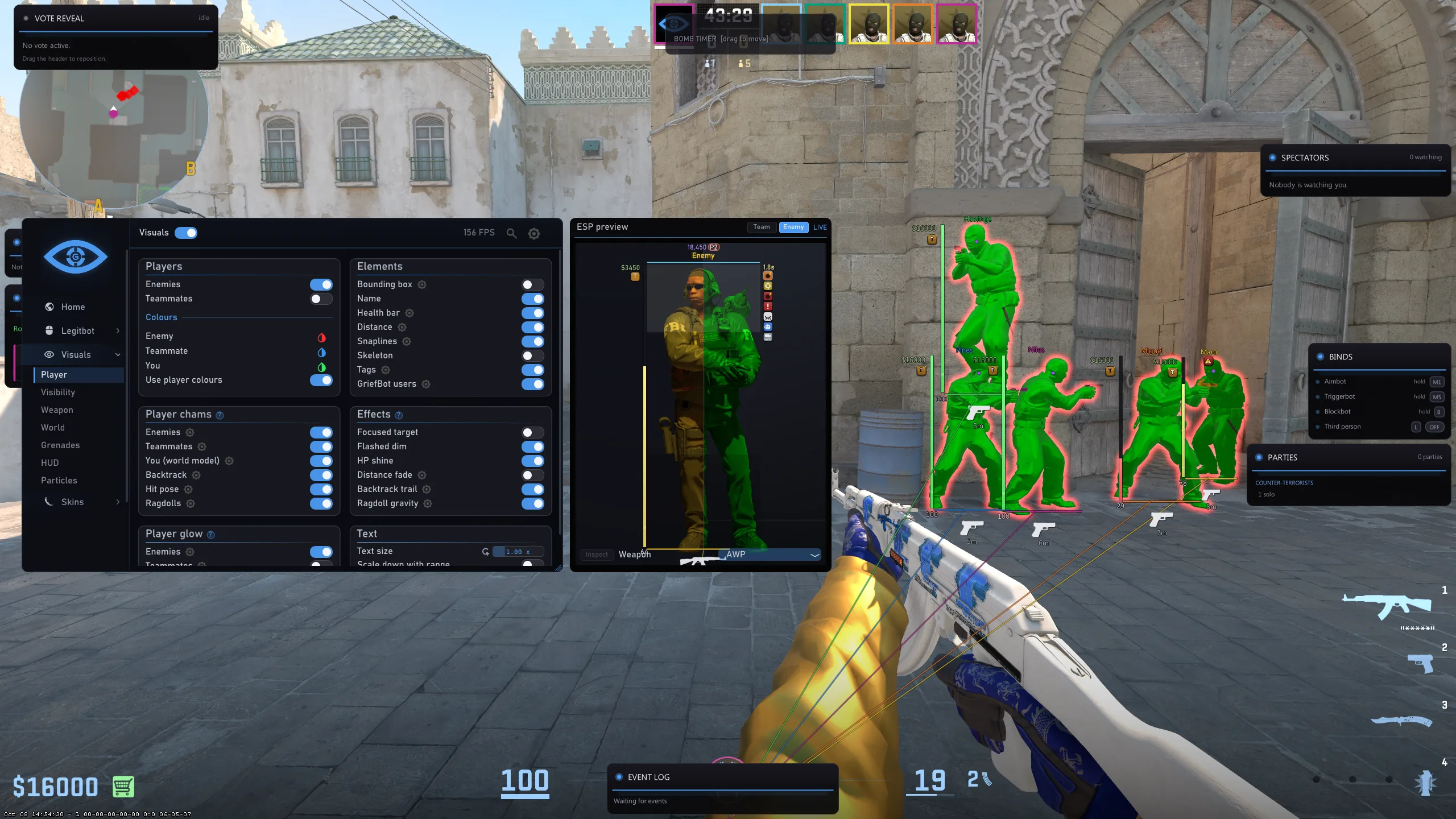 The GriefBot menu open over a live Counter-Strike 2 round: Visuals › Player with the ESP preview beside it, and chams and glow on the enemies