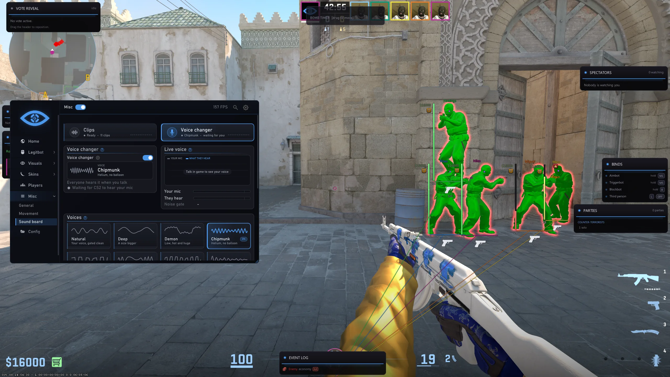 GriefBot's voice changer open over a live CS2 round, with chams, glow and health bars on the enemies