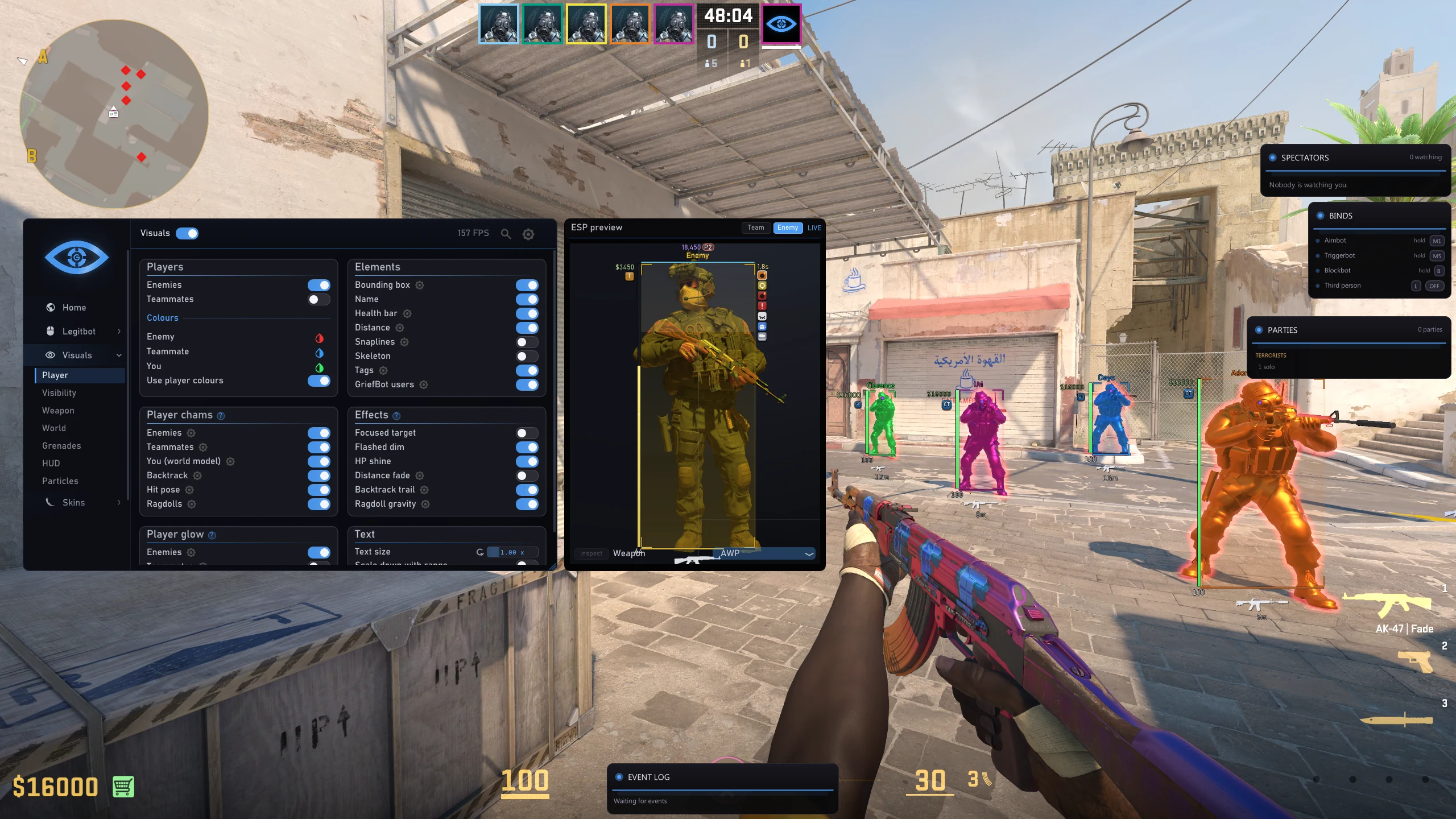 The GriefBot menu over a live CS2 round with each enemy chammed in their own colour