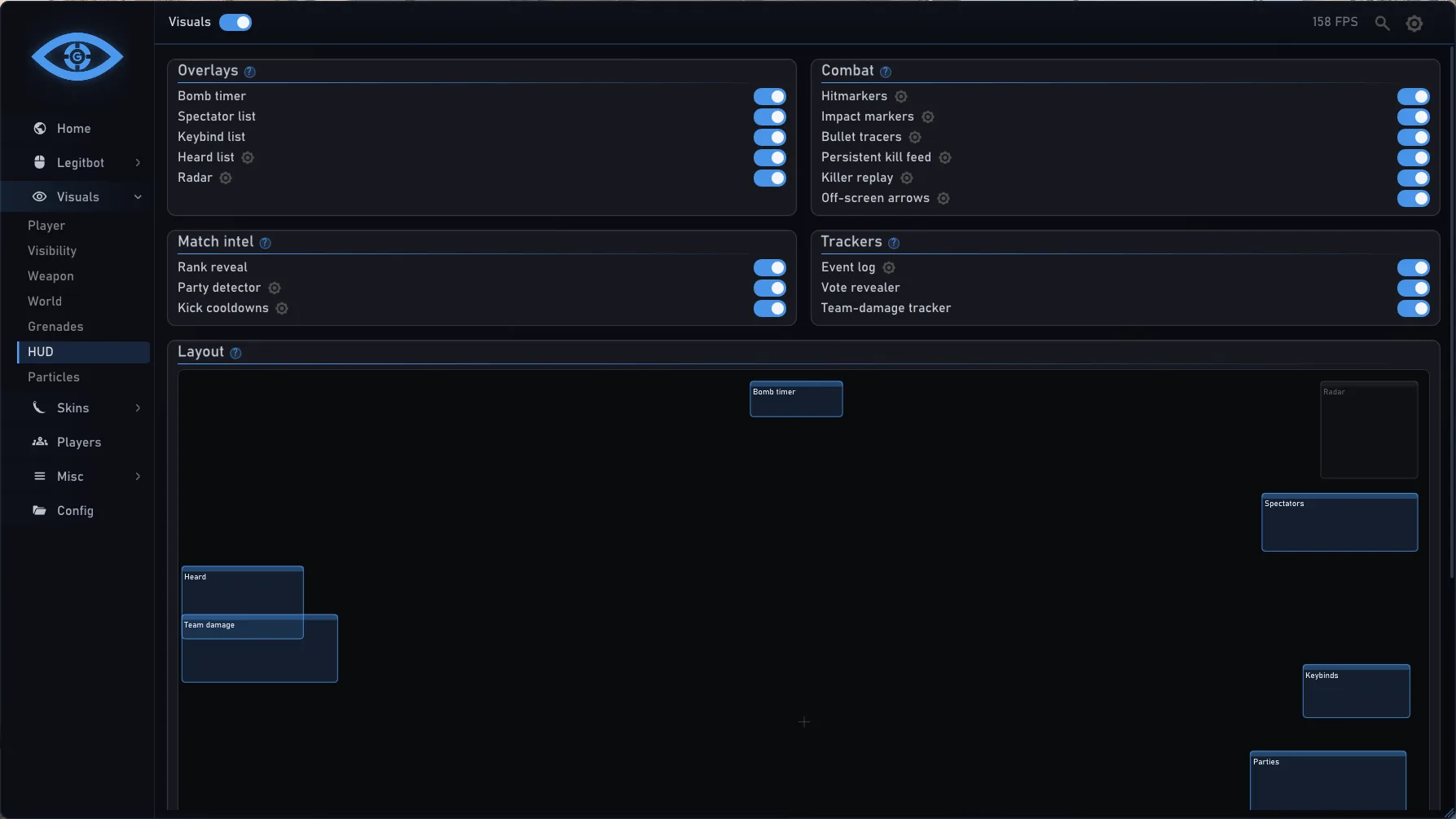 Visuals › HUD: overlays, match intel (rank reveal, party detector, kick cooldowns), trackers and the HUD layout editor