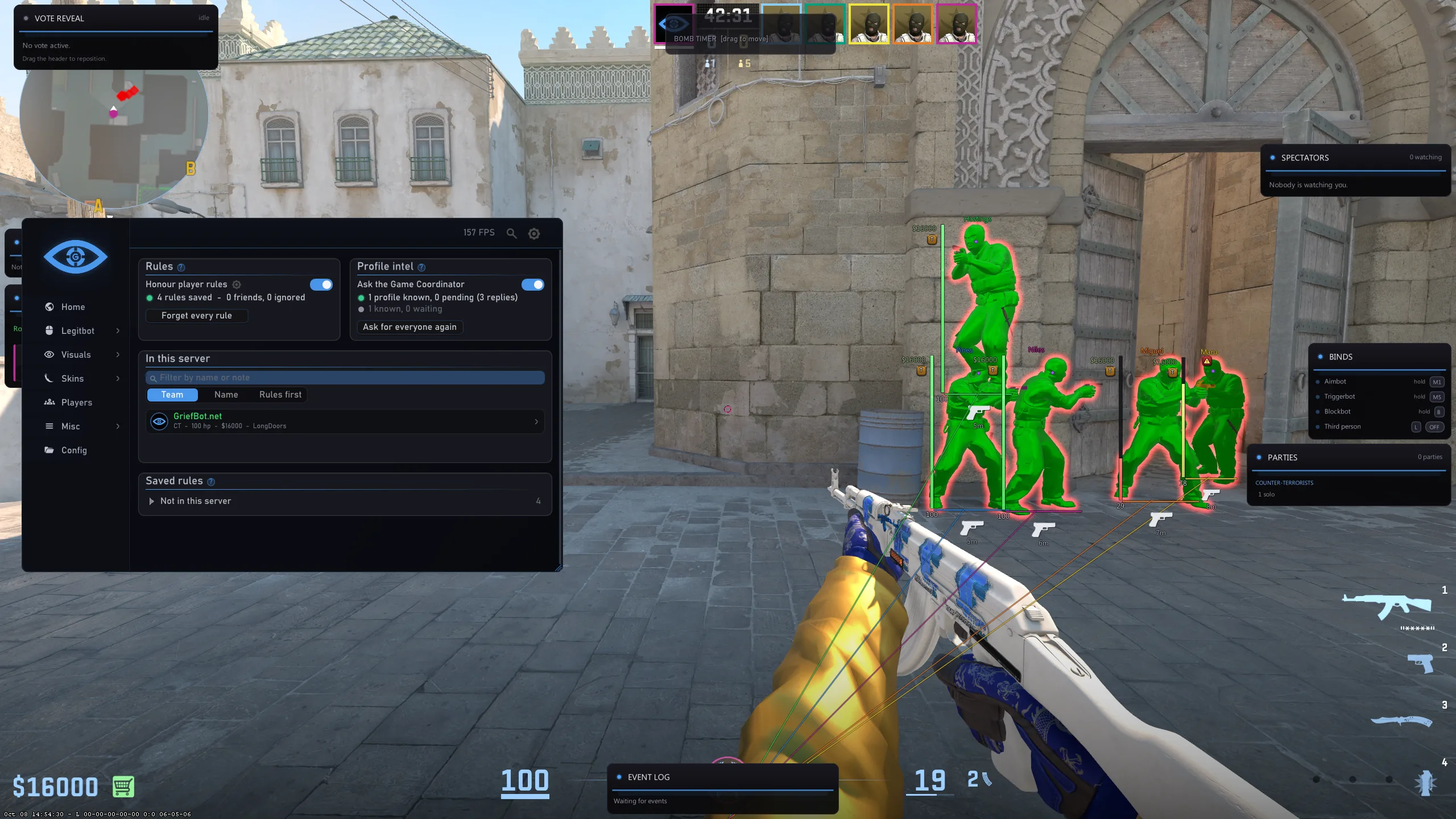 The Players tab over a live round: player rules and profile intel from the Game Coordinator