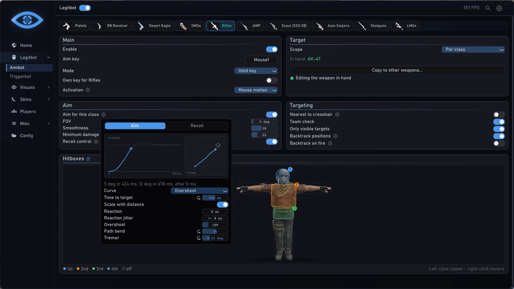 GriefBot Legitbot › Aimbot with the humanise curve editor open over the hitbox priority model