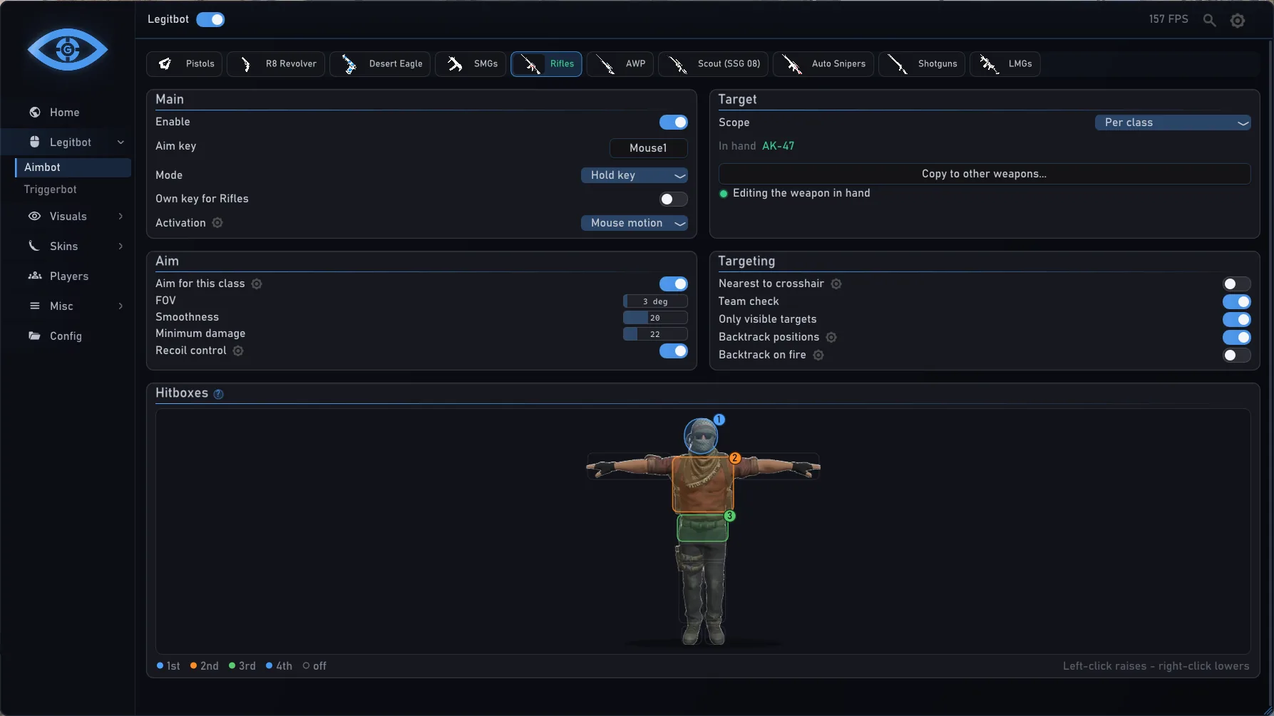 Legitbot › Aimbot for rifles: aim key, activation, FOV, smoothing, targeting and the hitbox priority model