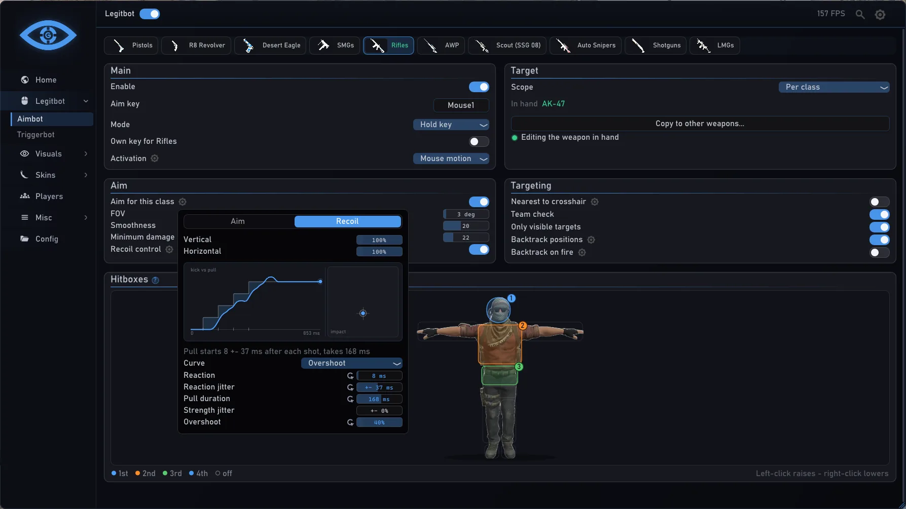 The recoil control curve editor: when the pull starts, how long it takes and how much it jitters