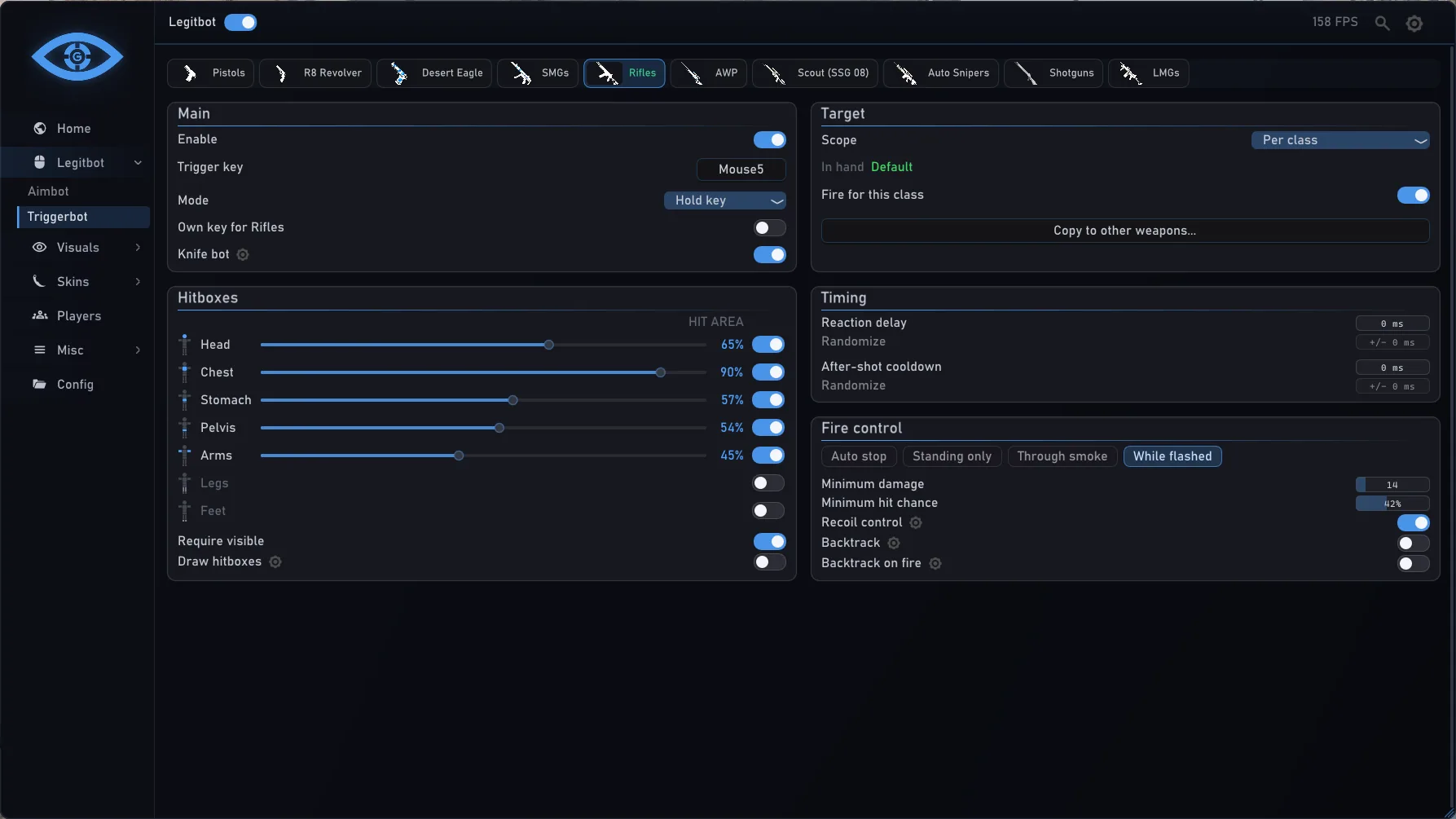 Legitbot › Triggerbot: hit chance per hitbox, reaction delay, cooldown and fire control