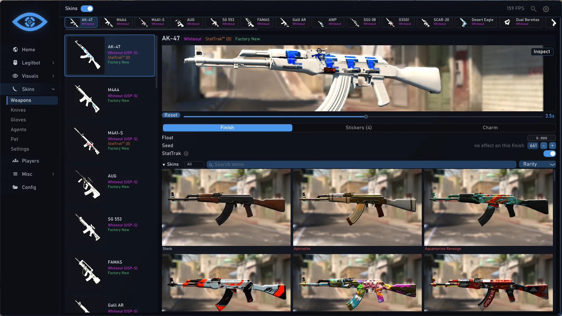 GriefBot Skins › Weapons: a StatTrak AK-47 in the live preview above the grid of finishes