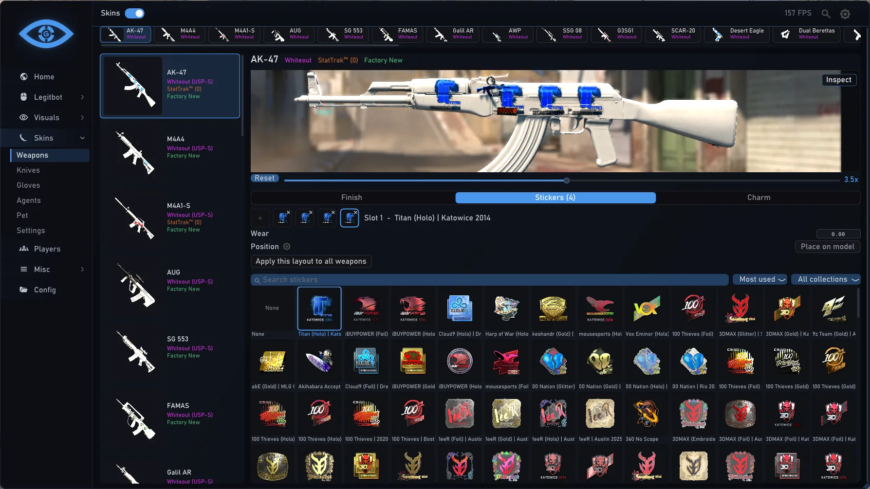 Sticker slots on the AK-47 with wear and position, above the sticker browser