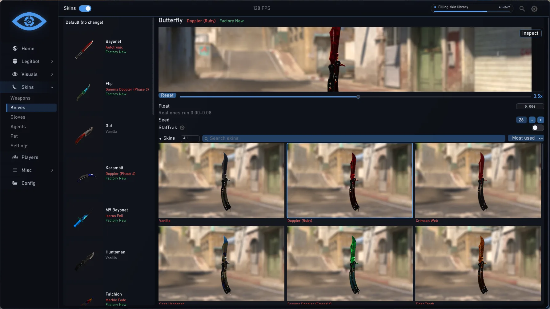 Skins › Knives: a Butterfly Knife Doppler (Ruby) in the live preview with float and seed