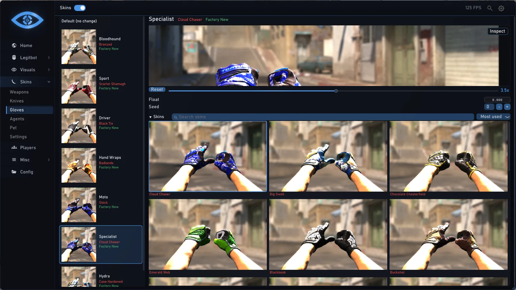 Skins › Gloves: Specialist Gloves in the live preview above the glove finishes