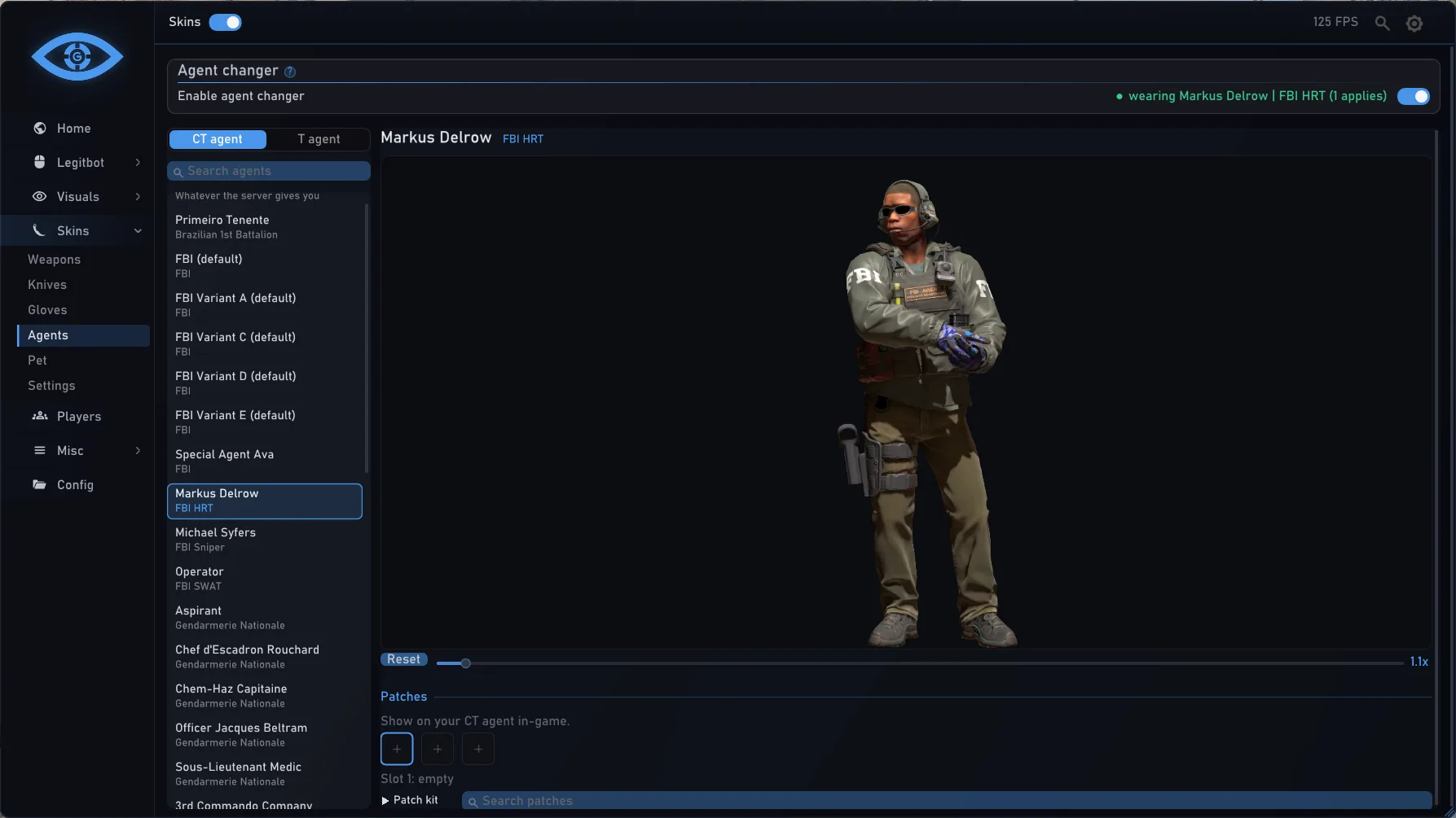Skins › Agents: the chosen CT agent in the preview, with patch slots