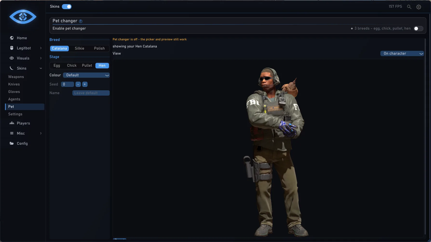 Skins › Pet: a chicken riding on the agent's shoulder, with breed and stage