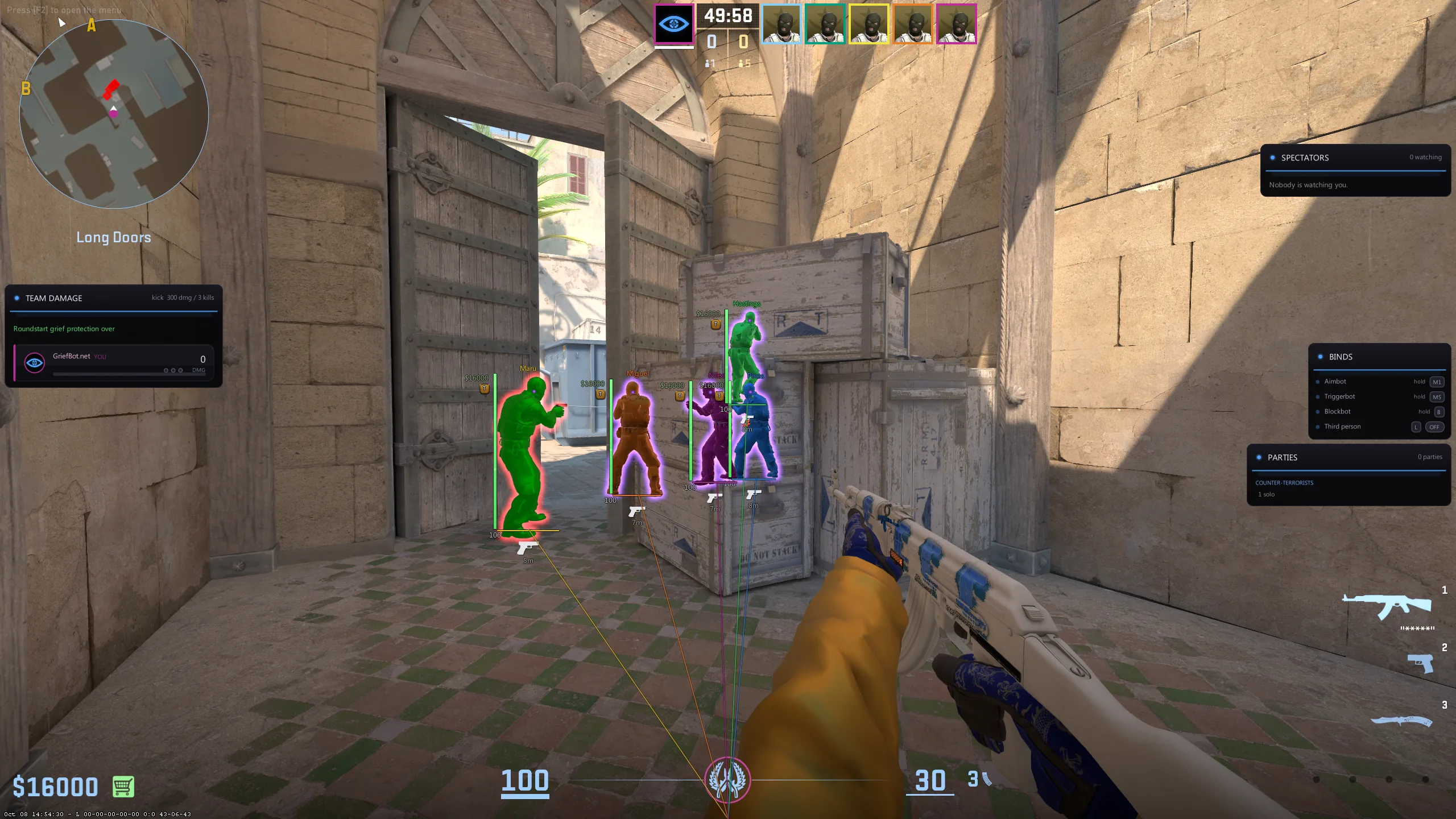 GriefBot chams and glow on enemies behind the Long doors on Dust II, each player in their own colour