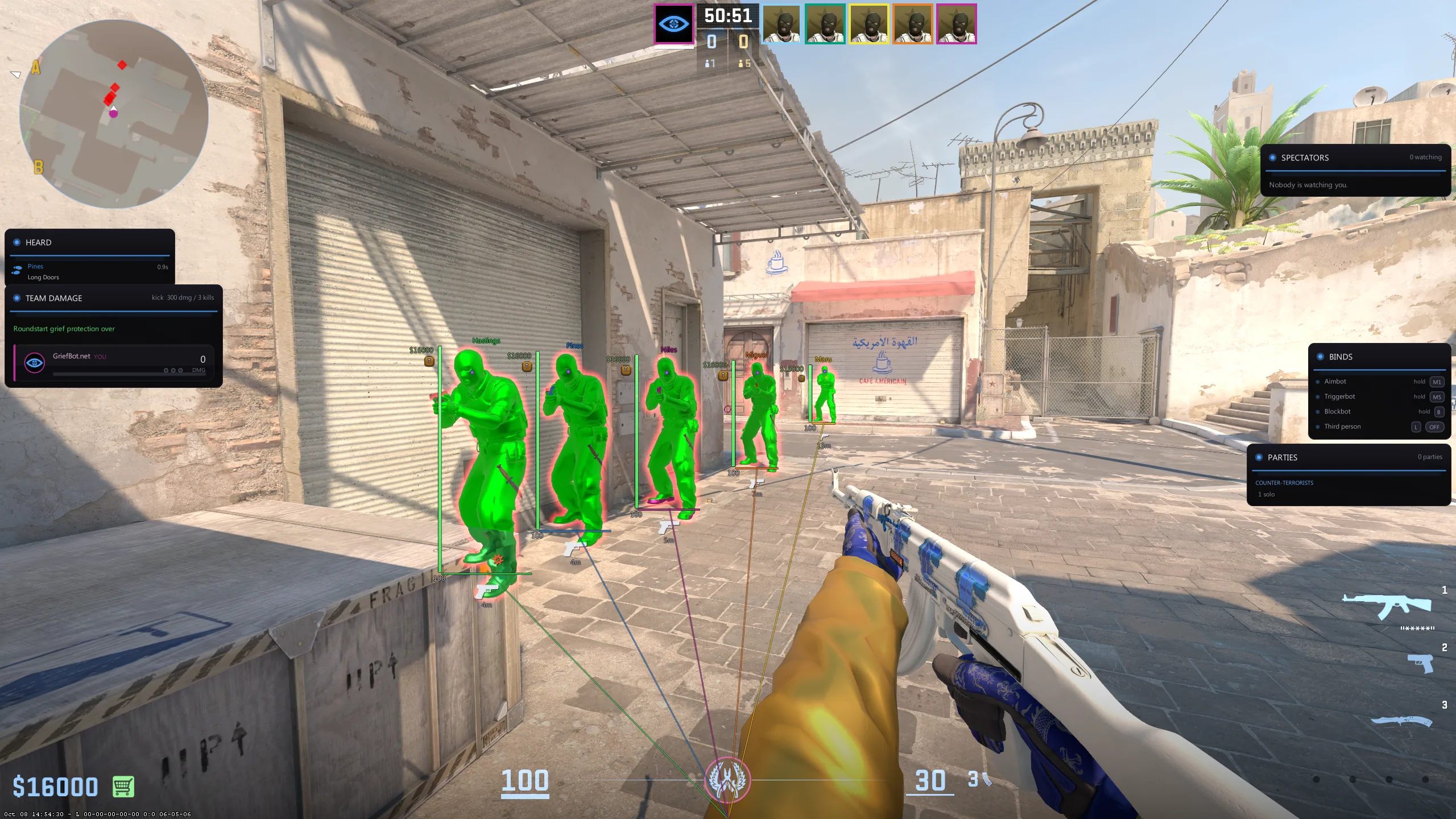 ESP names, health bars, money and snaplines on visible enemies, with green chams and red glow
