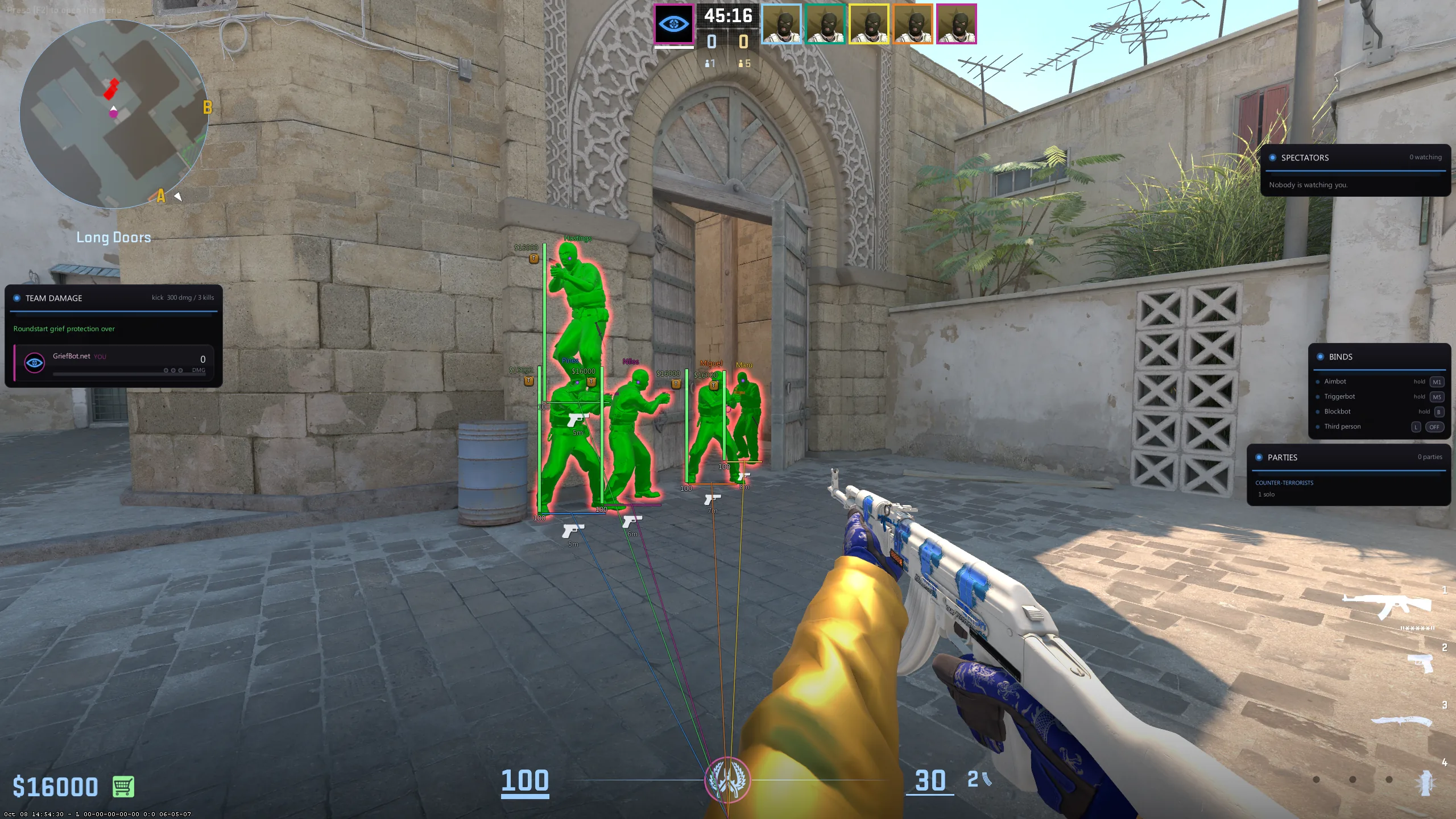 Chams, glow and snaplines on a group of enemies at Long doors on Dust II