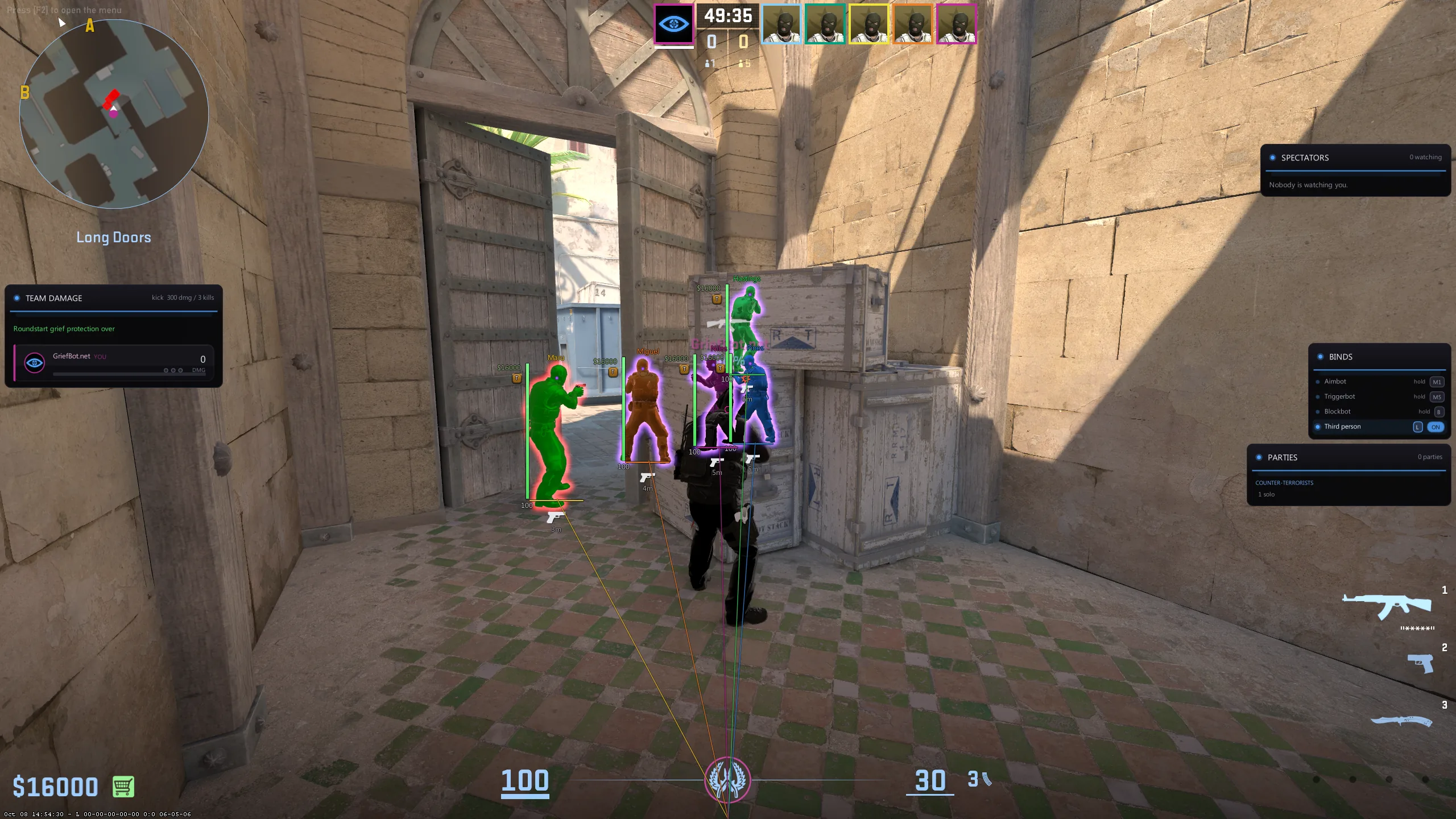 Third-person camera with enemies chammed through the crates at Long doors