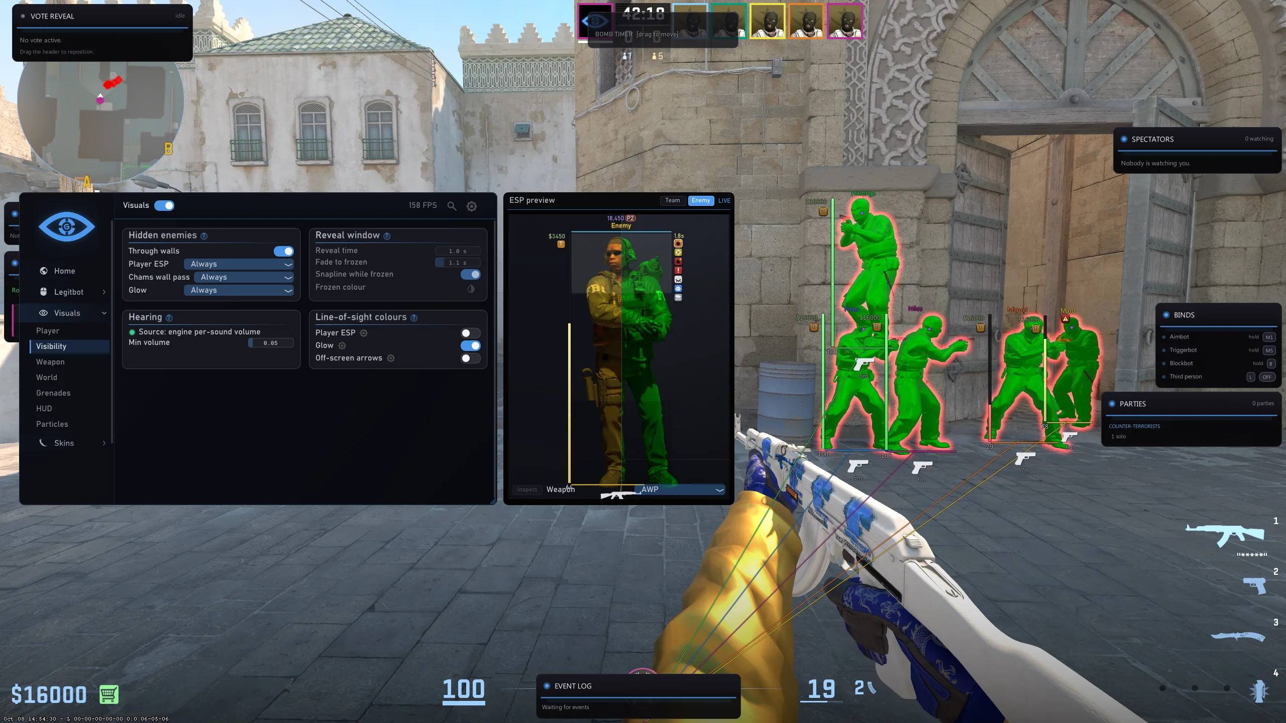 Visuals › Visibility over a live round: when hidden enemies are drawn, the reveal window and line-of-sight colours