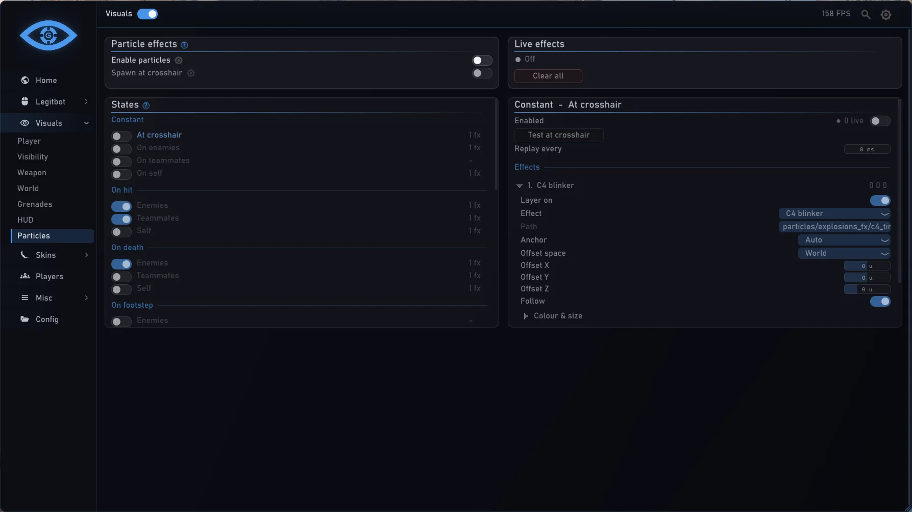 Visuals › Particles: particle effects tied to game states, with the live effect editor