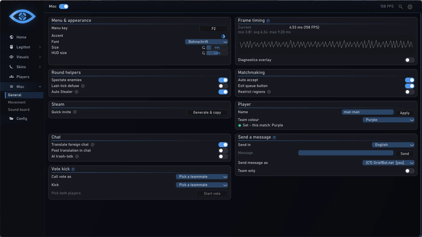 Misc › General: chat translation, AI trash-talk, send a message, vote kick and matchmaking helpers